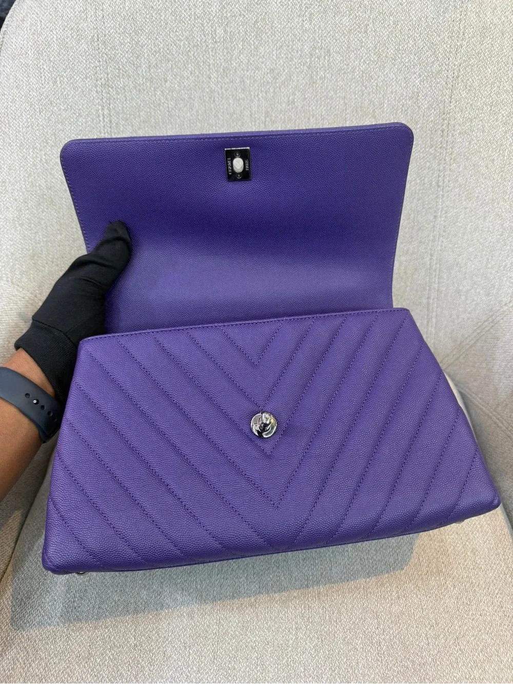 CHANEL Purple Chevron Top Handle Satchel with Silver Hardware